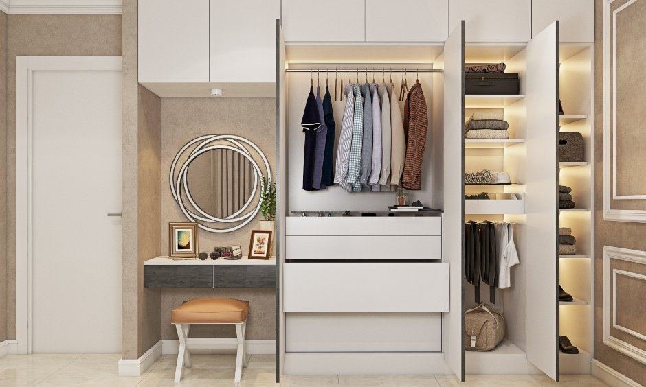 Full-height wardrobe with lit internal shelving, drawers and a matching dressing unit